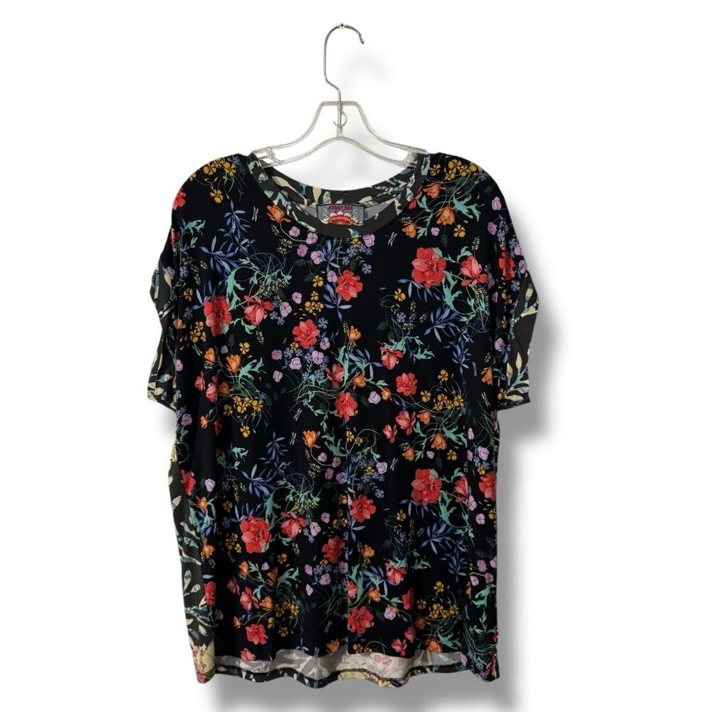 Johnny Was Kashim Floral Tee Large Black Relaxed Bamboo Artsy Boho Top